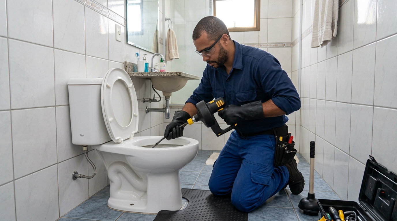 Equipe desentupindo vaso sanitário em Ipatinga‑MG